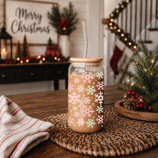 Winter snowflake glass tumbler 17oz bamboo lid - Pastel pink mint holiday coffee cup glass straw - Christmas drinkware
pastel pink Christmas Decor and green snowflake Christmas glass tumbler