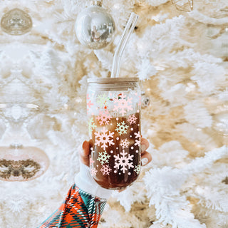 Snowflake Christmas glass cup 17oz - Pastel pink mint holiday tumbler bamboo lid glass straw - Winter festive gift
Christmas winter drinkware glass tumbler 17oz - Pastel snowflake pink mint bamboo lid - Holiday coffee cup