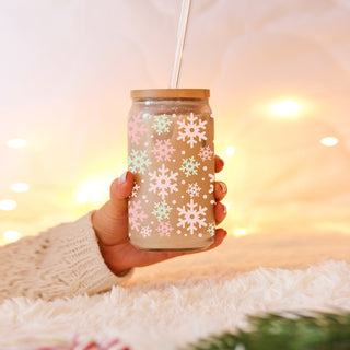 17oz Christmas glass tumbler - Pastel snowflake pink mint holiday coffee cup with bamboo lid straw - Winter festive kitchen gift
Unique Christmas coffee cup – pastel snowflake glass tumbler gift for holiday season