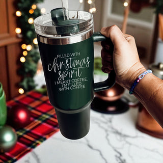 40oz Christmas tumbler with handle lid straw - filled with Christmas spirit I meant coffee Im filled with coffee
Double wall Christmas coffee tumbler  40oz
Insulated Christmas tumbler red green 
Stainless steel Christmas tumbler with handle
Christmas tumbler with lid and straw