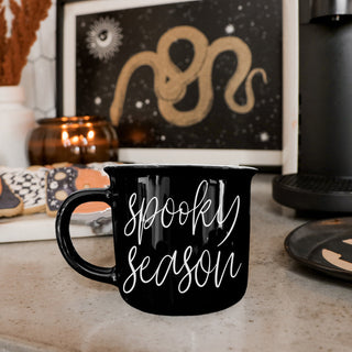 14.5oz Black Halloween Mug with White Spooky Season Text
Durable Ceramic Halloween Coffee Mug Spooky Season