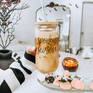 Halloween themed glass tumbler with quote
Haunted season coffee tumbler with straws
Spooky season gift glass drinking set