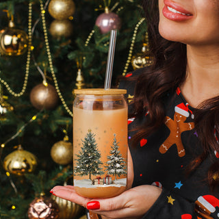 Festive holiday coffee cup – glass tumbler with winter graphics
Christmas kitchen gift – glass tumbler for coffee, cocoa, or hot chocolate
Holiday coffee bar decor – Christmas tree winter wonderland 17oz glass cup