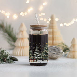 Festive coffee bar gift – Christmas tree and winter wonderland glass cup
Unique holiday coffee cup – glass Christmas tumbler gift for kitchen or office
Christmas morning coffee mug – 17oz glass tumbler with winter holiday design