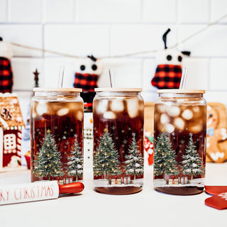 Winter wonderland Christmas glass cup 17oz - Holiday tree tumbler bamboo lid glass straw - Festive coffee gift
Small Shop Christmas tumbler with bamboo lid - winter wonderland Christmas tree design