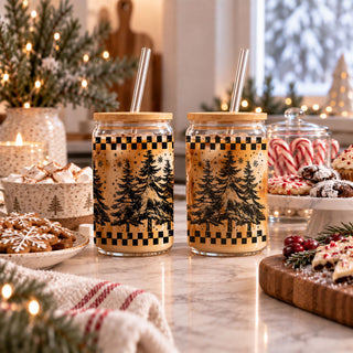 reusable Christmas glass tumbler with straw
Christmas cold brew glass cup
holiday latte glass tumbler
festive iced coffee glass cup