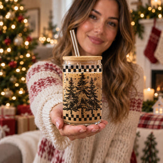 rustic holiday iced coffee cup
cabin style Christmas glass tumbler
boho Christmas tree coffee cup
modern rustic Christmas tumbler