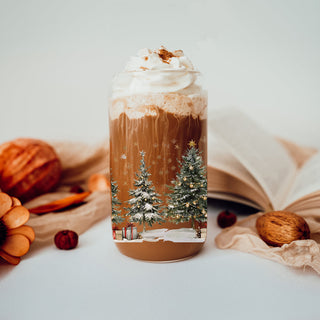 Holiday drinkware gift - reusable glass tumbler with winter wonderland theme
Christmas party glass cup - decorated Christmas trees with snow design
Festive tumbler with bamboo lid - holiday gift for coffee or tea lovers