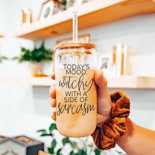 Witchy vibes glass tumbler with sarcastic quote
Halloween mood glass tumbler with bamboo top