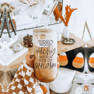 20oz witch themed glass tumbler set with glass straws
Sarcastic witch coffee tumbler with bamboo top