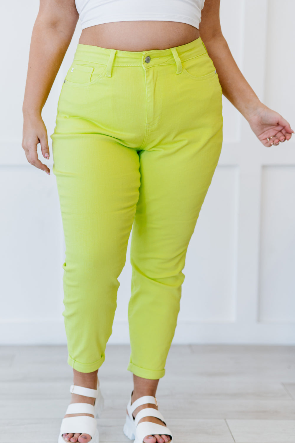 Judy Blue Gabriella Cuffed Slim Fit Jeans in Lime Green