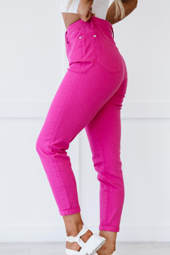 Judy Blue Gabriella Cuffed Slim Fit Jeans in Neon Pink